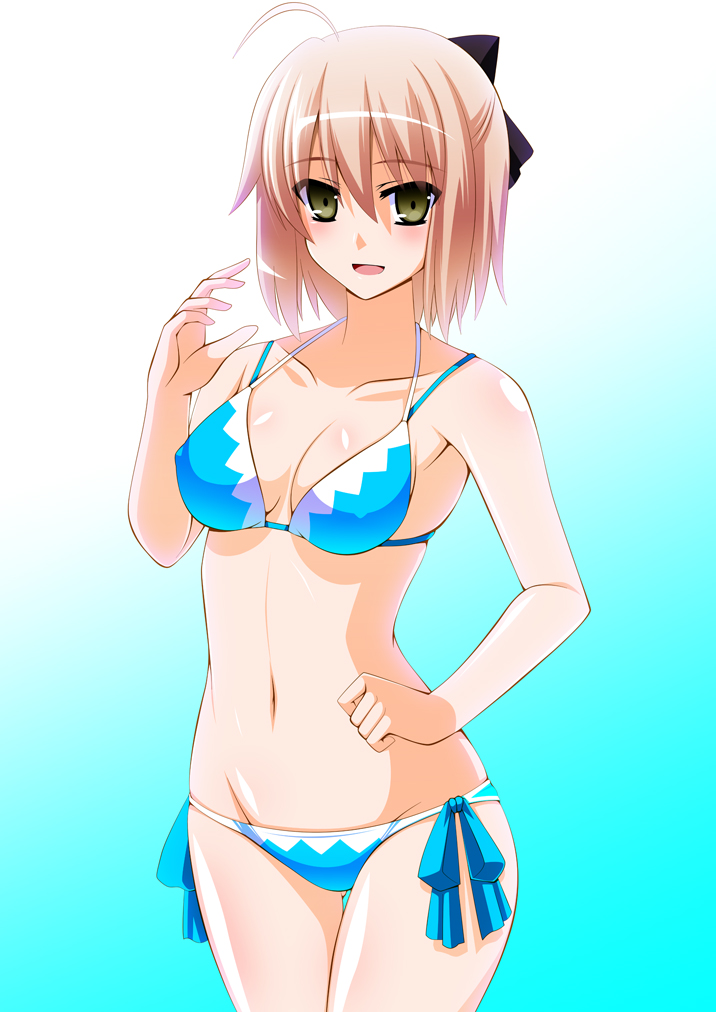 ahoge ass_visible_through_thighs bikini black_eyes blue_background blush breasts cleavage collarbone commentary_request covered_nipples engo_(aquawatery) eyebrows_visible_through_hair fate/grand_order fate_(series) gradient gradient_background groin hair_between_eyes medium_breasts navel okita_souji_(fate) okita_souji_(fate)_(all) pink_hair skindentation smile solo swimsuit thigh_gap