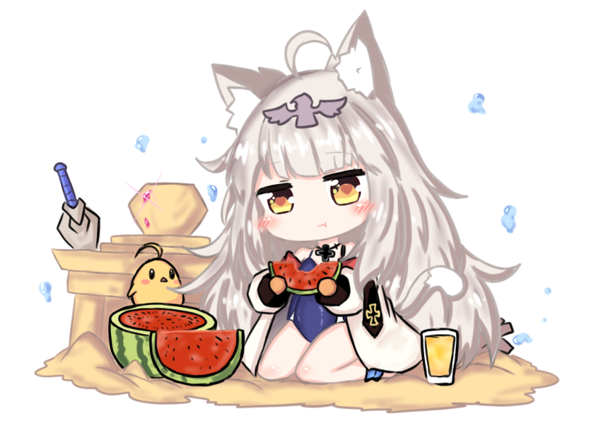 :t ahoge animal animal_ear_fluff animal_ears azur_lane bailingxiao_jiu bangs bird blue_swimsuit blush_stickers brown_eyes brown_gloves casual_one-piece_swimsuit cat_ears cat_girl cat_tail chick closed_mouth commentary_request cup drink drinking_glass eating eyebrows_visible_through_hair food fruit glint gloves head_tilt headpiece holding holding_food jacket kemonomimi_mode long_hair long_sleeves one-piece_swimsuit puffy_long_sleeves puffy_sleeves sand silver_hair solo swimsuit tail tail_raised very_long_hair water_drop watermelon white_background white_jacket z46_(azur_lane)