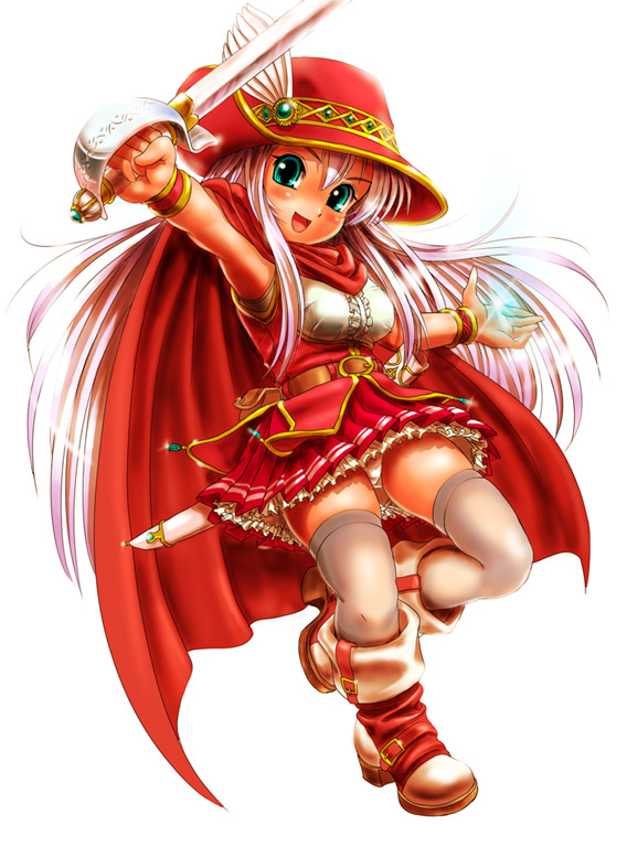 :d aqua_eyes belt blush boots bracelet cape final_fantasy final_fantasy_iii full_body hat holding holding_sword holding_weapon jewelry long_hair looking_at_viewer magic moriichi open_mouth panties pantyshot pantyshot_(standing) rapier red_cape red_hat red_mage red_skirt sheath skirt smile standing sword underwear weapon white_hair white_legwear winged_hat