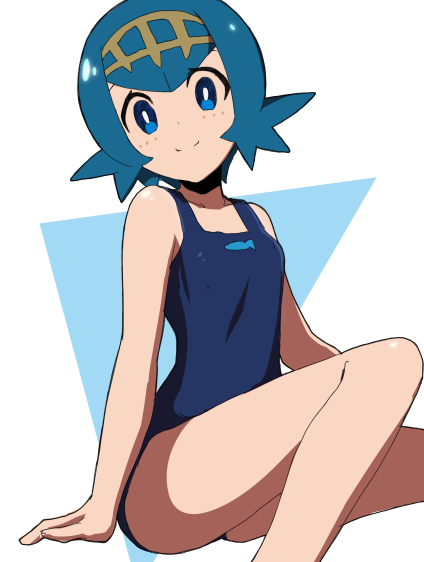 arm_support bangs bare_arms bare_shoulders blue_eyes blue_hair blue_swimsuit blush breasts casual_one-piece_swimsuit closed_mouth hair_between_eyes head_tilt looking_at_viewer natsunagi_takaki one-piece_swimsuit pokemon pokemon_(game) pokemon_sm short_hair sitting small_breasts smile solo suiren_(pokemon) swimsuit