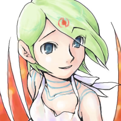blue_eyes breath_of_fire breath_of_fire_v commentary_request dress facial_mark forehead_mark full_body_tattoo green_hair lowres nina_(breath_of_fire_v) red_wings see-through short_hair smile solo tattoo umenin white_dress wings