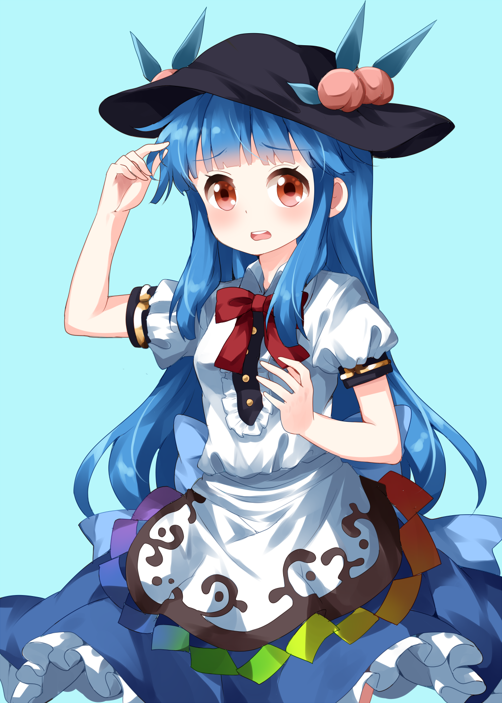 alternate_hairstyle arm_up bangs black_hat blouse blue_background blue_hair blue_skirt blunt_bangs blush bow bowtie center_frills commentary_request cowboy_shot eyebrows_visible_through_hair food fruit hat highres hinanawi_tenshi leaf long_hair looking_at_viewer open_mouth peach petticoat puffy_short_sleeves puffy_sleeves red_bow red_eyes red_neckwear ruu_(tksymkw) short_sleeves sidelocks simple_background skirt solo touhou very_long_hair white_blouse wing_collar