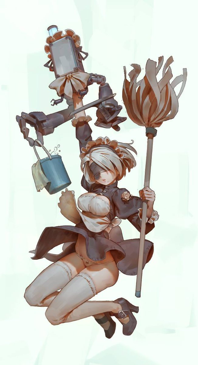 1girl adapted_costume alternate_costume android apron black_dress black_footwear black_gloves black_ribbon blindfold breasts broom cleavage cross-laced_clothes dress full_body gloves high_heels holding holding_broom juliet_sleeves large_breasts long_sleeves maid maid_headdress mole mole_under_mouth nier_(series) nier_automata puffy_sleeves ribbon short_dress short_hair silver_hair thighhighs white_legwears yorha_no._2_type_b