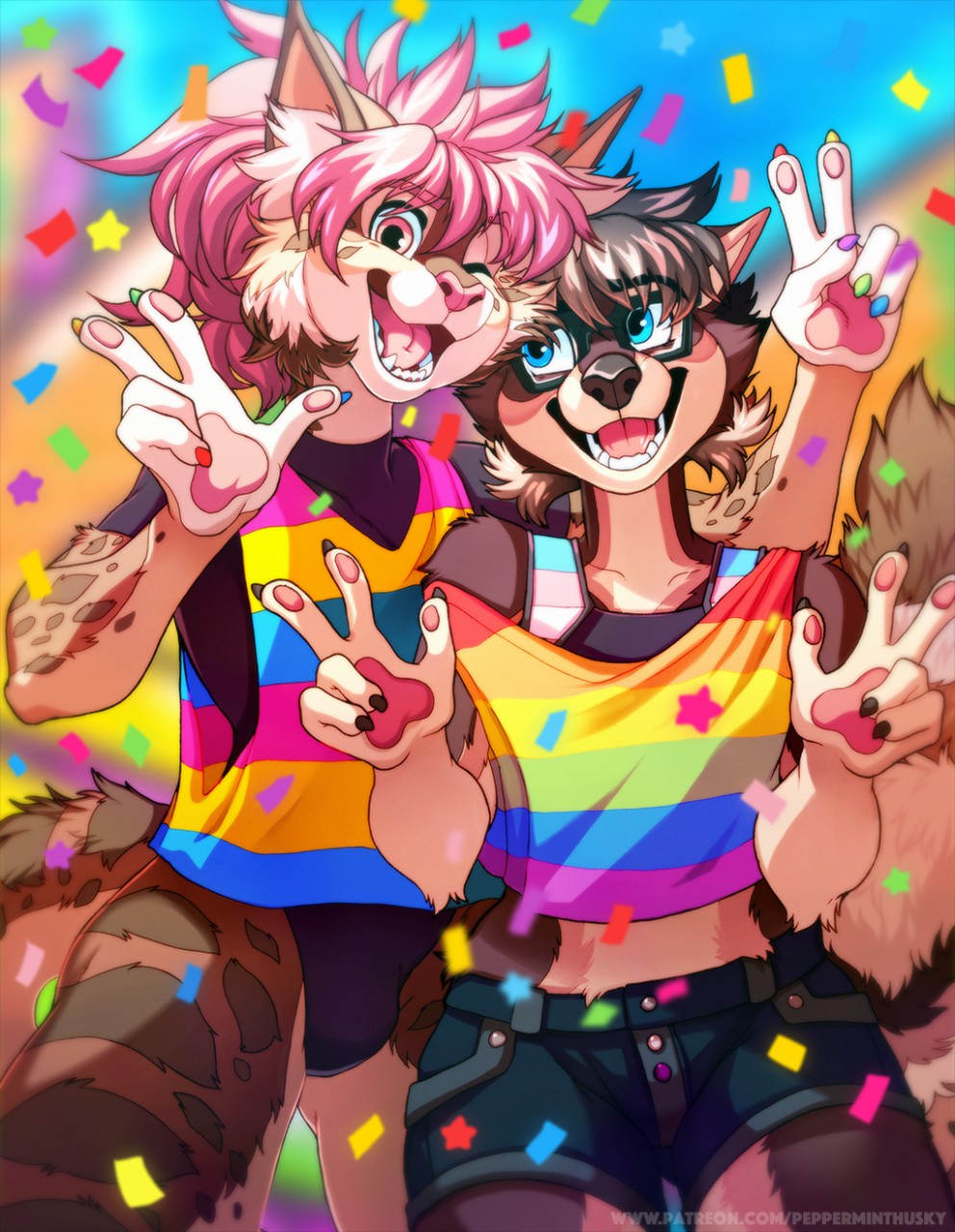 2018 anthro avery_(roanoak) blue_eyes brown_fur brown_hair bulge canine cat clothed clothing dog duo eyewear feline fluffy fully_clothed fur gay_pride girly glasses hair happy lynx male mammal midriff orange_fur pansexual_pride_flag pink_eyes pride_flag roanoak shiba_inu shirt shorts tan_fur tank_top terry_(roanoak) transgender_pride_flag visibly_trans