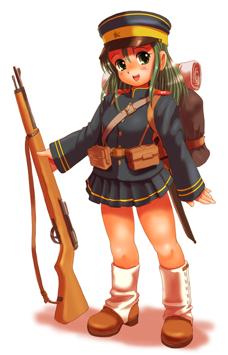 :d arm_at_side backpack bag bedroll belt belt_pouch blush boots commentary_request full_body green_eyes green_hair gun hat holding holding_gun holding_weapon long_hair looking_at_viewer military military_hat military_uniform moriichi open_mouth original pouch smile solo standing uniform weapon white_background