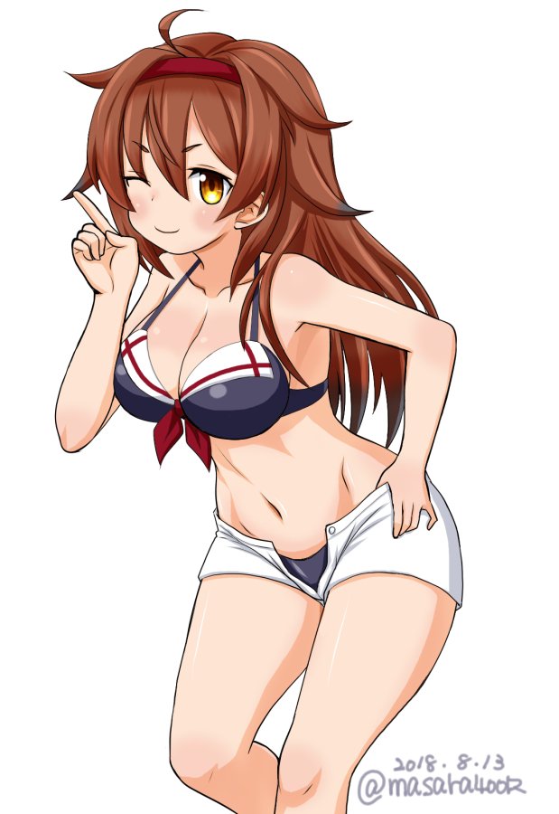 bikini black_bikini brown_eyes brown_hair commentary_request feet_out_of_frame hair_flaps hairband index_finger_raised kantai_collection long_hair looking_at_viewer masara_(masalucky2010) navel open_fly red_hairband remodel_(kantai_collection) shiratsuyu_(kantai_collection) shorts simple_background smile solo swimsuit twitter_username white_background white_shorts