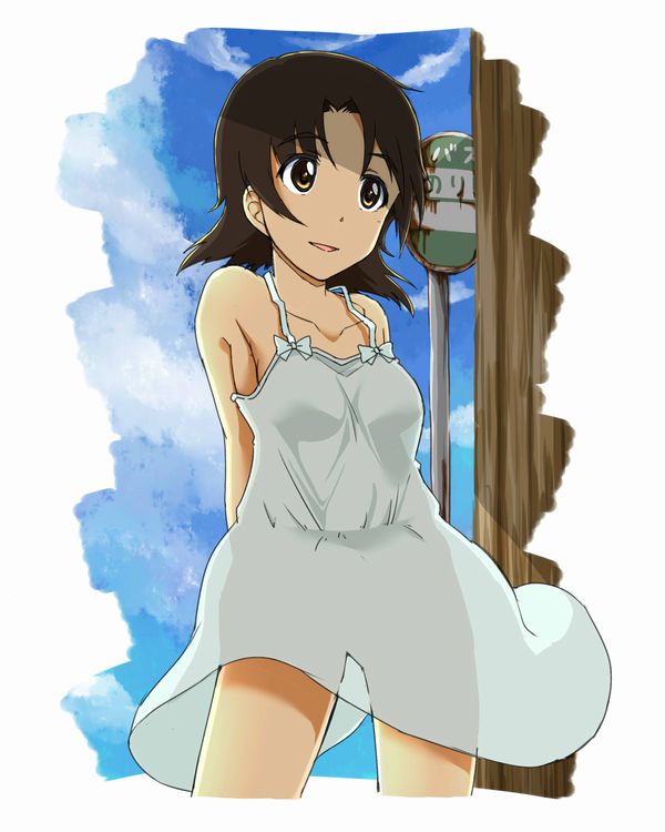 arms_behind_back bangs brown_eyes brown_hair casual commentary cowboy_shot day dress girls_und_panzer looking_to_the_side nana_(manaita_koumuten) outdoors parted_bangs parted_lips road_sign sawa_azusa short_hair sign smile solo spaghetti_strap standing sundress white_dress wind
