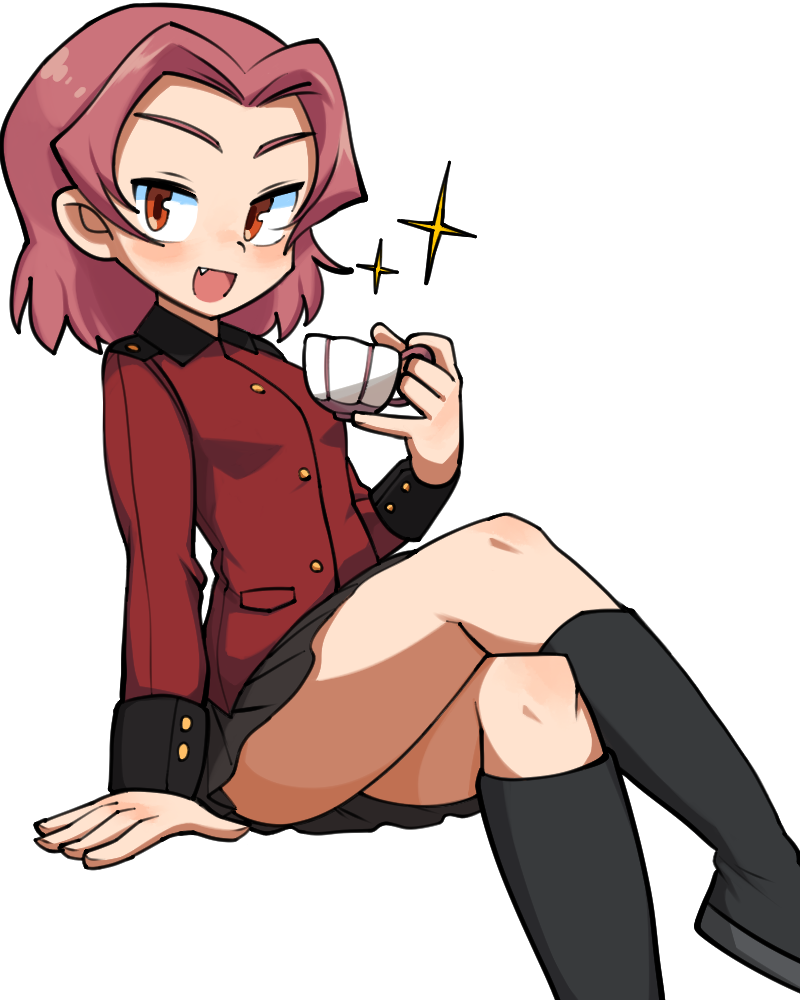 :d black_legwear black_skirt buttons crossed_legs cup fang girls_und_panzer holding holding_cup kneehighs lkll long_sleeves military military_uniform miniskirt open_mouth orange_eyes pink_hair pleated_skirt rosehip short_hair simple_background sitting skirt smile solo sparkle st._gloriana's_military_uniform teacup uniform white_background