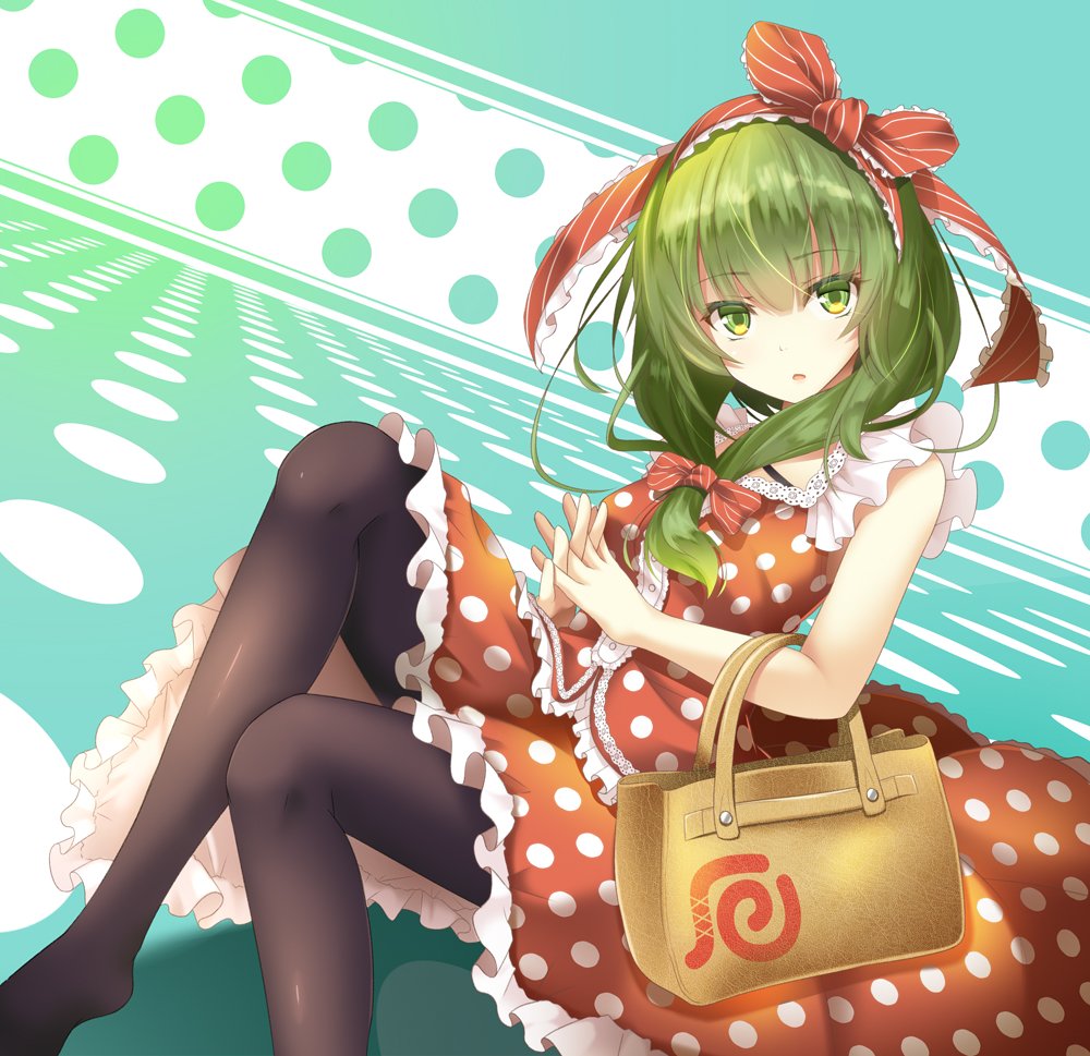alternate_costume bag bangs black_legwear bow breasts commentary_request contemporary dress_shirt eyebrows_visible_through_hair feet_out_of_frame frilled_ribbon frills front_ponytail gradient gradient_background green_eyes green_hair hair_bow hair_ribbon handbag hands_clasped interlocked_fingers kagiyama_hina long_hair looking_at_viewer medium_breasts no_shoes open_mouth own_hands_together pantyhose parted_lips polka_dot polka_dot_background polka_dot_shirt polka_dot_skirt red_bow red_ribbon red_shirt red_skirt ribbon shiro_1213 shirt skirt skirt_set sleeveless solo touhou