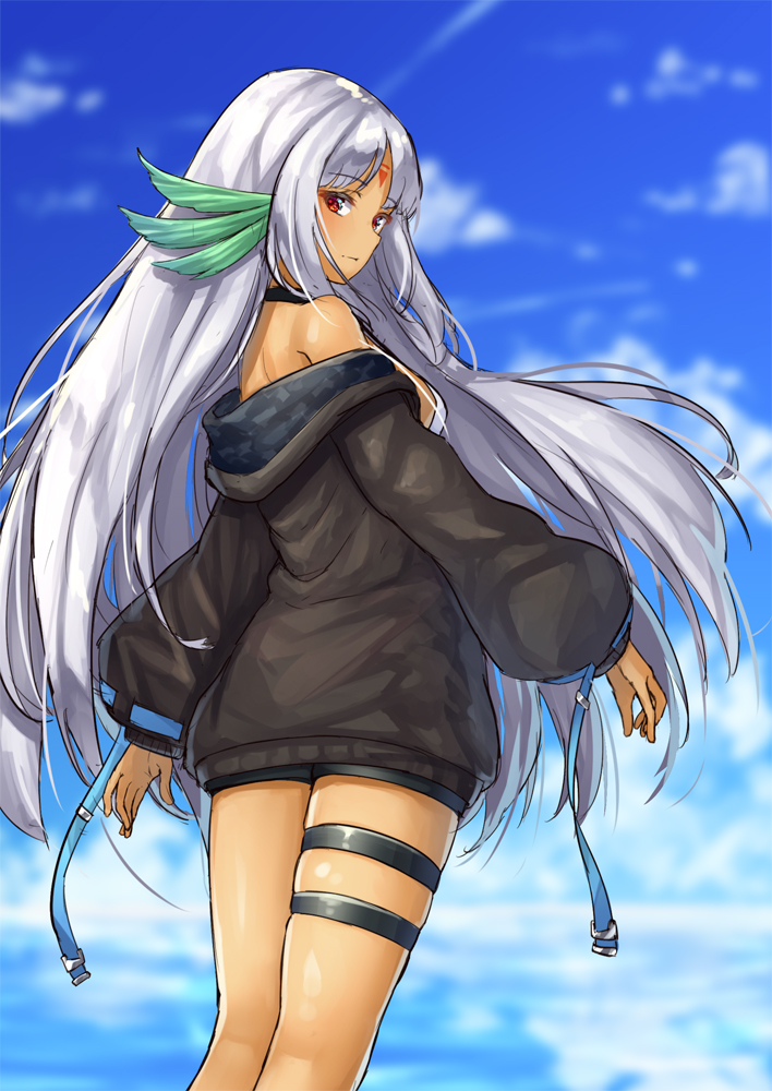 azur_lane bangs black_shorts blue_sky blurry blurry_background blush breasts brown_jacket closed_mouth cloud cloudy_sky commentary_request dark_skin day depth_of_field eyebrows_visible_through_hair facial_mark forehead_mark jacket long_hair long_sleeves looking_at_viewer looking_back massachusetts_(azur_lane) medium_breasts native_american off_shoulder outdoors parted_bangs pensuke puffy_long_sleeves puffy_sleeves red_eyes short_shorts shorts silver_hair sky sleeves_past_wrists solo standing very_long_hair