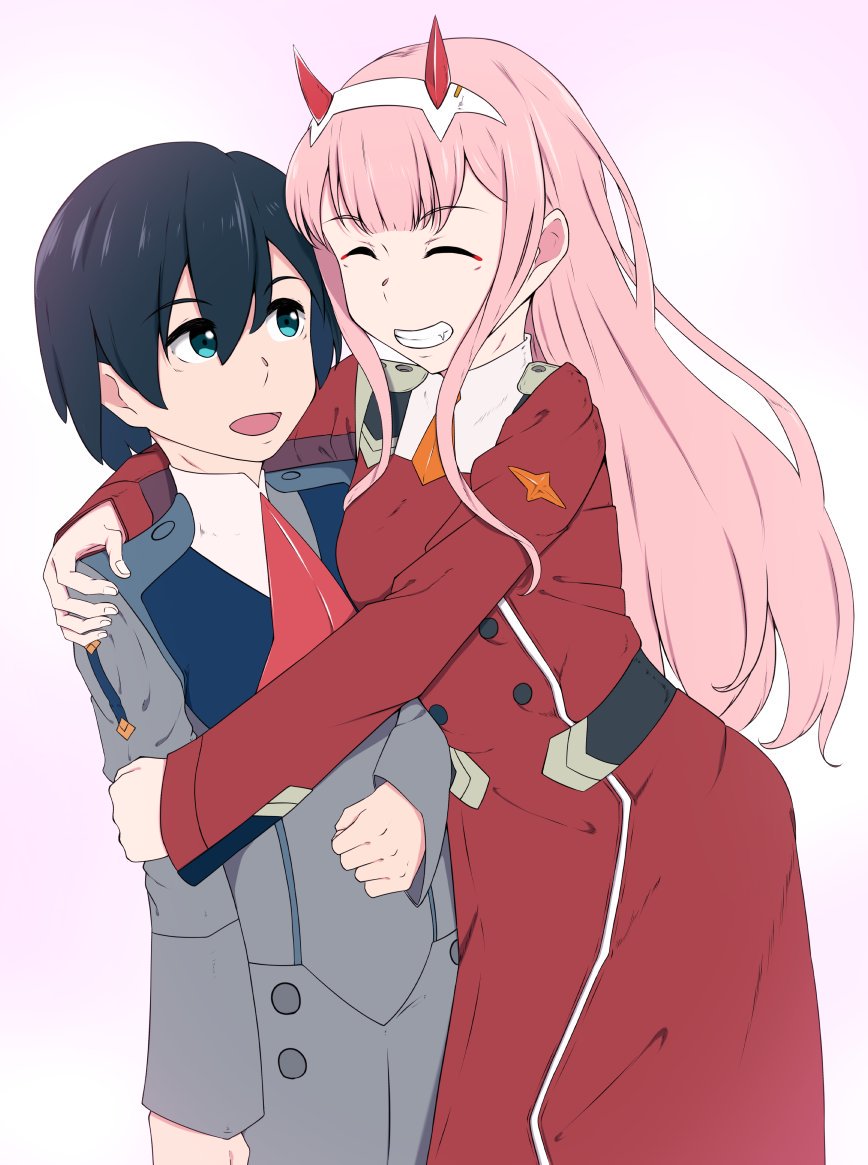 1boy 1girl bangs black_hair blue_eyes breasts commentary_request couple darling_in_the_franxx dress ecliygame eyebrows_visible_through_hair eyes_closed fang hair_ornament hairband hand_on_another's_arm hand_on_another's_shoulder hetero hiro_(darling_in_the_franxx) horns hug long_hair long_sleeves looking_at_another medium_breasts military military_uniform necktie oni_horns orange_neckwear pink_hair red_dress red_horns red_neckwear short_hair uniform white_hairband zero_two_(darling_in_the_franxx)
