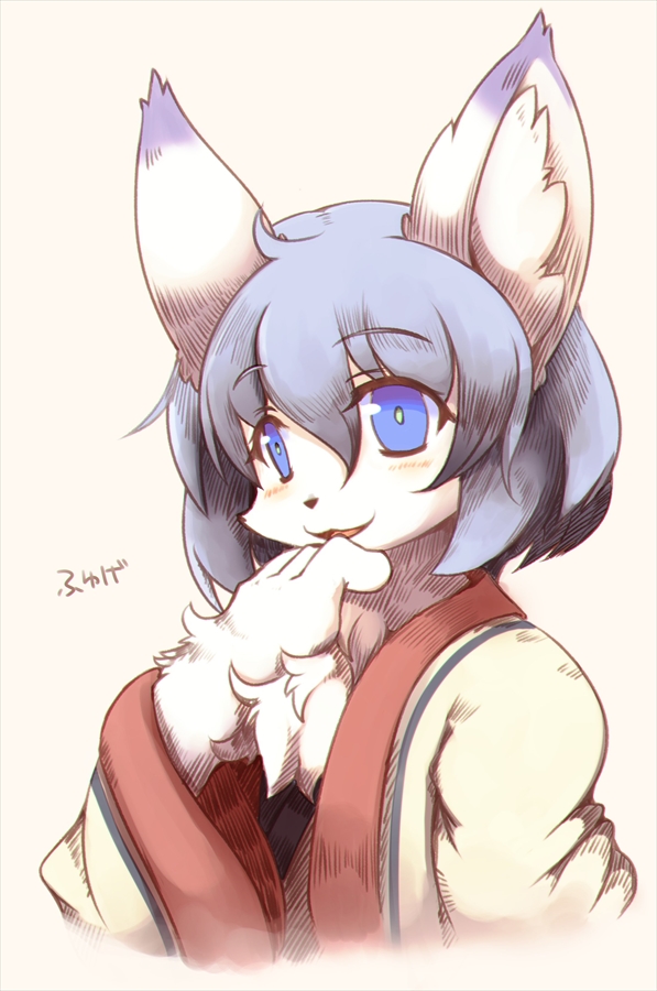 anthro blue_eyes blue_fur blue_hair cat clothing feline female fluffy fur hair inner_ear_fluff japanese_text looking_at_viewer mammal multicolored_fur open_mouth robe shirokoma simple_background solo text two_tone_fur white_fur