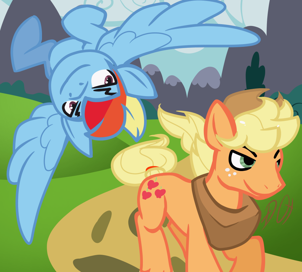 2018 applejack_(mlp) blonde_hair competition cowboy_hat crossgender cutie_mark deadxqueen earth_pony equine flying freckles friendship_is_magic hair hat horse male mammal multicolored_hair my_little_pony pegasus pony race rainbow_dash_(mlp) rainbow_hair running smile smirk upside_down wings