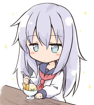 bad_id bad_pixiv_id bangs blue_eyes blue_sailor_collar blush_stickers closed_mouth commentary_request eyebrows_visible_through_hair food hair_between_eyes hibiki_(kantai_collection) holding holding_spoon ice_cream kantai_collection long_hair long_sleeves lowres neckerchief no_hat no_headwear red_neckwear sailor_collar school_uniform serafuku shirt silver_hair simple_background sleeves_past_wrists solo sparkle spoon table tobi_(nekomata_homara) very_long_hair white_background white_shirt