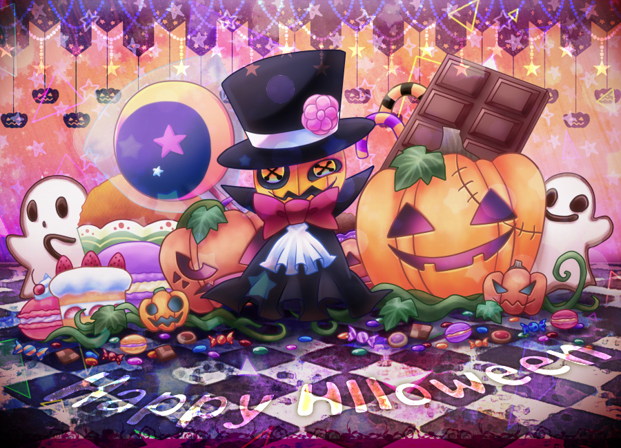 button_eyes cake candy candy_cane chocolate chocolate_bar commentary_request cookie food fruit ghost half-closed_eye halloween happy_halloween hat hat_ornament jack-o'-lantern kirby's_epic_yarn kirby_(series) kurosiro leaf magician no_humans plant pumpkin red_bow red_neckwear squashini strawberry tile_floor tiles top_hat typo vines watermark