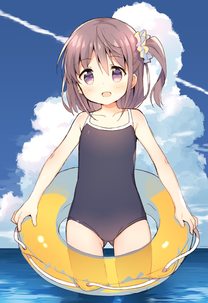 :d ass_visible_through_thighs bangs black_swimsuit blue_sky blush brown_hair cloud cloudy_sky commentary_request competition_school_swimsuit day eyebrows_visible_through_hair hair_between_eyes hair_ornament hair_scrunchie head_tilt holding holding_innertube horizon innertube long_hair meito_(maze) ocean one-piece_swimsuit one_side_up open_mouth original outdoors purple_eyes school_swimsuit scrunchie sky smile solo swimsuit transparent water yellow_innertube yellow_scrunchie