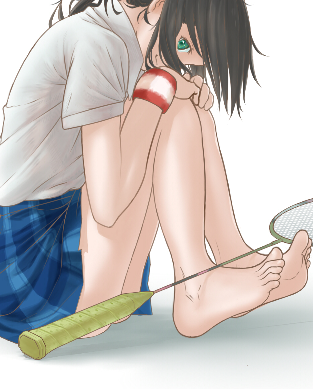 badminton_racket barefoot brown_hair from_side green_eyes hanebado! hanesaki_ayano highres knees_to_chest legs looking_at_viewer looking_to_the_side myu5uke pleated_skirt racket school_uniform simple_background sitting sitting_on_ground skirt solo sweatband thighs white_background