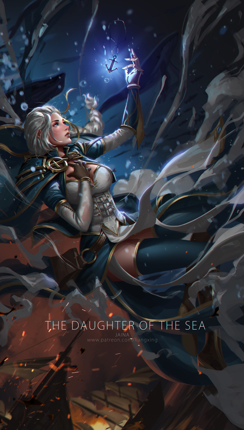 anchor armor battle blue_eyes braid braided_ponytail breasts character_name cleavage english gloves hand_on_own_chest highres jaina_proudmoore large_breasts liang_xing lips long_hair multicolored_hair parted_lips patreon_username single_braid sinking solo thighhighs two-tone_hair underwater warcraft watermark web_address whale white_hair world_of_warcraft
