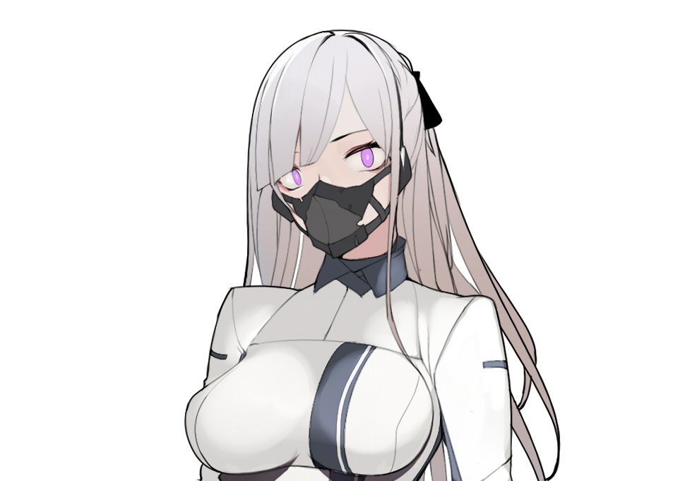 ak-12_(girls_frontline) black_ribbon breasts dress girls_frontline hair_ribbon looking_at_viewer mask mmcallsu purple_eyes ribbon surgical_mask upper_body white_dress white_hair