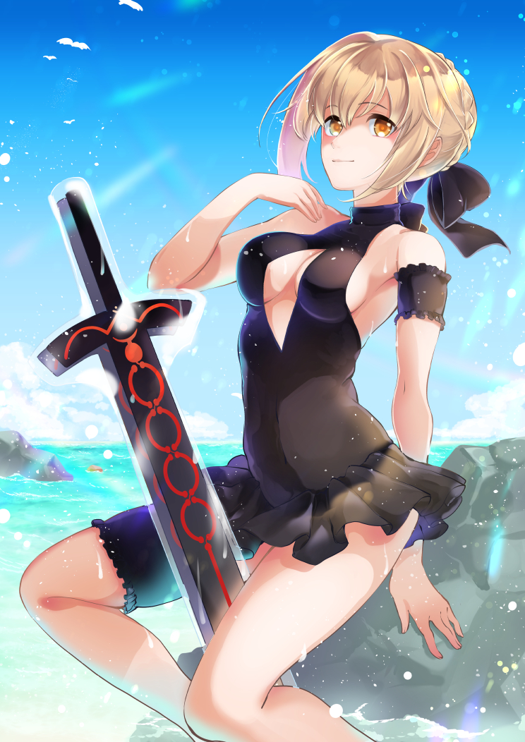 annojou_haruto arm_behind_back arm_strap artoria_pendragon_(all) artoria_pendragon_(swimsuit_rider_alter) black_bow black_swimsuit blonde_hair blue_sky bow breasts casual_one-piece_swimsuit cleavage cleavage_cutout dark_excalibur day eyebrows_visible_through_hair fate/grand_order fate_(series) hair_between_eyes hair_bow medium_breasts ocean one-piece_swimsuit outdoors rock short_hair sideboob sitting sky smile solo swimsuit thigh_strap yellow_eyes