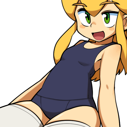 :d bangs barefoot blonde_hair blue_swimsuit breasts eyebrows_visible_through_hair green_eyes hair_between_eyes lkll long_hair lowres one-piece_swimsuit open_mouth rockman rockman_(classic) roll school_swimsuit simple_background small_breasts smile solo swimsuit thighhighs thighs uneven_eyes white_background white_legwear