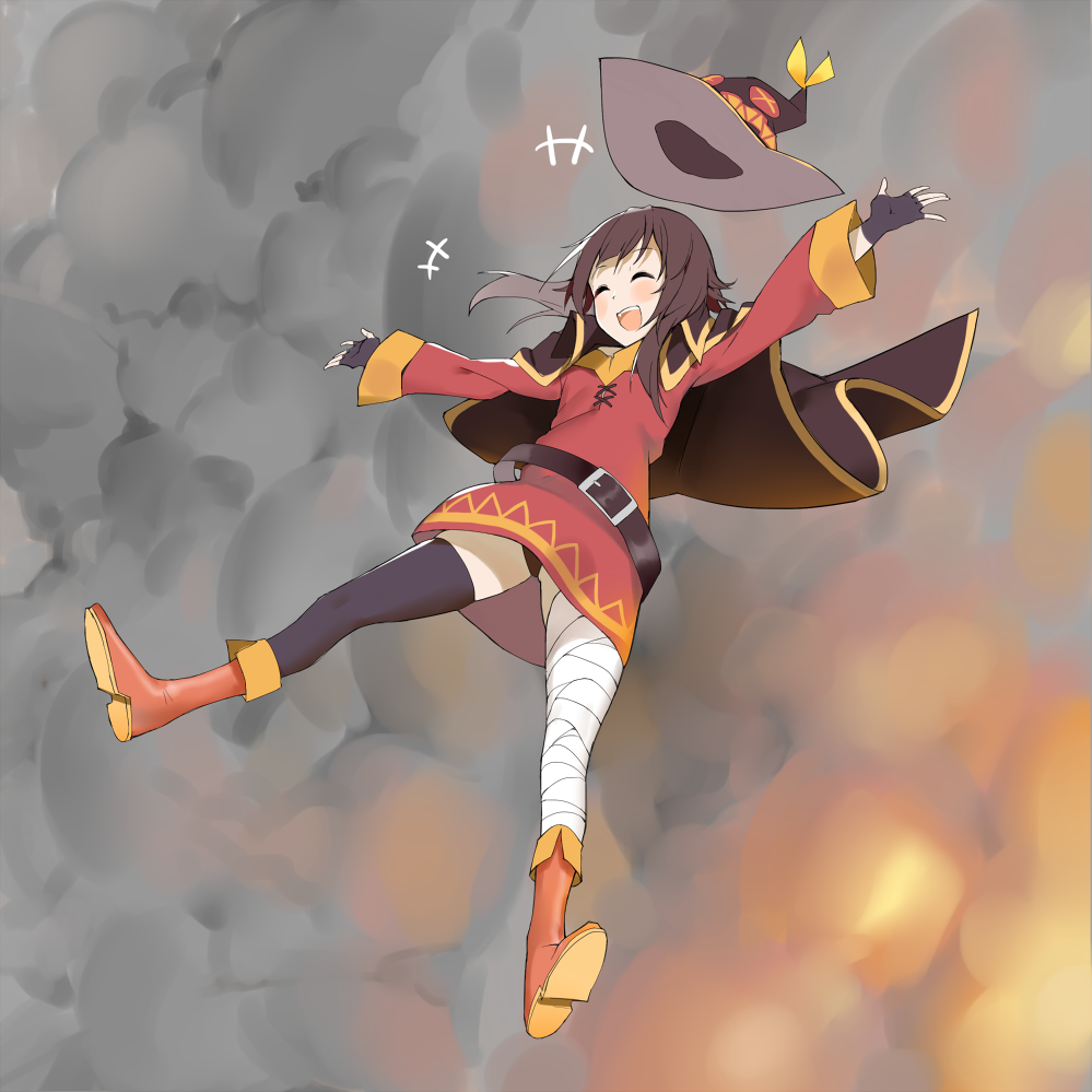 1girl ^_^ ^o^ bandaged_leg bandages belt black_belt black_panties blush boots brown_hair cape cirnocchi closed_eyes commentary dress explosion fingerless_gloves fog full_body gloves happy hat kono_subarashii_sekai_ni_shukufuku_wo! laughing legs long_sleeves megumin open_mouth orange_footwear outstretched_arms panties panty_peek pantyshot short_dress short_hair single_thighhigh smoke solo spread_arms teeth thighhighs underwear witch_hat