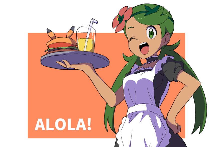 ;d apron bangs bendy_straw black_dress blush breasts cup dress drink drinking_glass drinking_straw flower food green_eyes green_hair hair_flower hair_ornament hamburger hand_on_hip holding holding_tray long_hair looking_at_viewer low_twintails maid_apron mao_(pokemon) natsunagi_takaki one_eye_closed open_mouth pink_flower pokemon pokemon_(game) pokemon_sm puffy_short_sleeves puffy_sleeves short_sleeves small_breasts smile solo swept_bangs tray twintails upper_teeth very_long_hair waitress white_apron