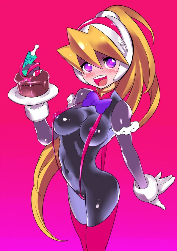 bikini blonde_hair blush bodystocking bodysuit breasts ciel_(rockman) commentary_request covered_navel gloves groin headgear high_ponytail long_hair looking_at_viewer micro_bikini open_mouth ponytail rockman rockman_zero skin_tight smile solo spandex swimsuit swimsuit_over_clothes ukimukai