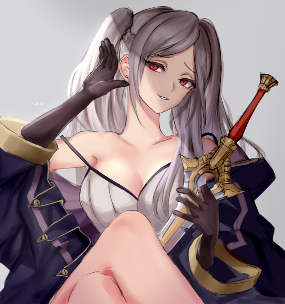 braid breasts cleavage coat commentary crossed_legs ei1han english_commentary falchion_(fire_emblem) female_my_unit_(fire_emblem:_kakusei) fire_emblem fire_emblem:_kakusei gimurei gloves gold_trim hand_on_ear long_hair my_unit_(fire_emblem:_kakusei) red_eyes simple_background sitting smirk strap strap_slip sword twintails weapon white_hair