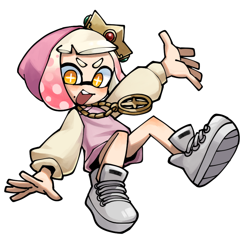 1girl :d crown domino_mask full_body gradient_hair hime_(splatoon) hood hood_up hoodie lkll long_sleeves looking_at_viewer mask medallion mole mole_under_mouth multicolored_hair no_nose open_mouth pink_hair raglan_sleeves shoes short_hair simple_background smile sneakers solo splatoon_(series) splatoon_2 splatoon_2:_octo_expansion symbol-shaped_pupils tentacle_hair two-tone_hair white_background white_hair yellow_eyes