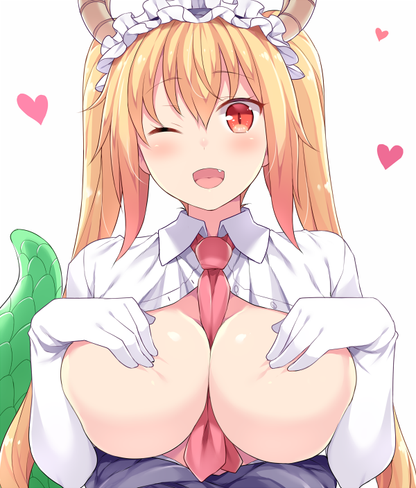 ;d between_breasts blonde_hair breasts breasts_outside commentary_request covering_nipples dragon_tail elbow_gloves eyebrows_visible_through_hair fang gloves hasu_(hk_works) heart horns kobayashi-san_chi_no_maidragon large_breasts looking_at_viewer maid_headdress necktie necktie_between_breasts one_eye_closed open_clothes open_mouth open_shirt red_eyes red_neckwear shirt simple_background smile solo tail tooru_(maidragon) twintails upper_body white_background white_gloves white_shirt