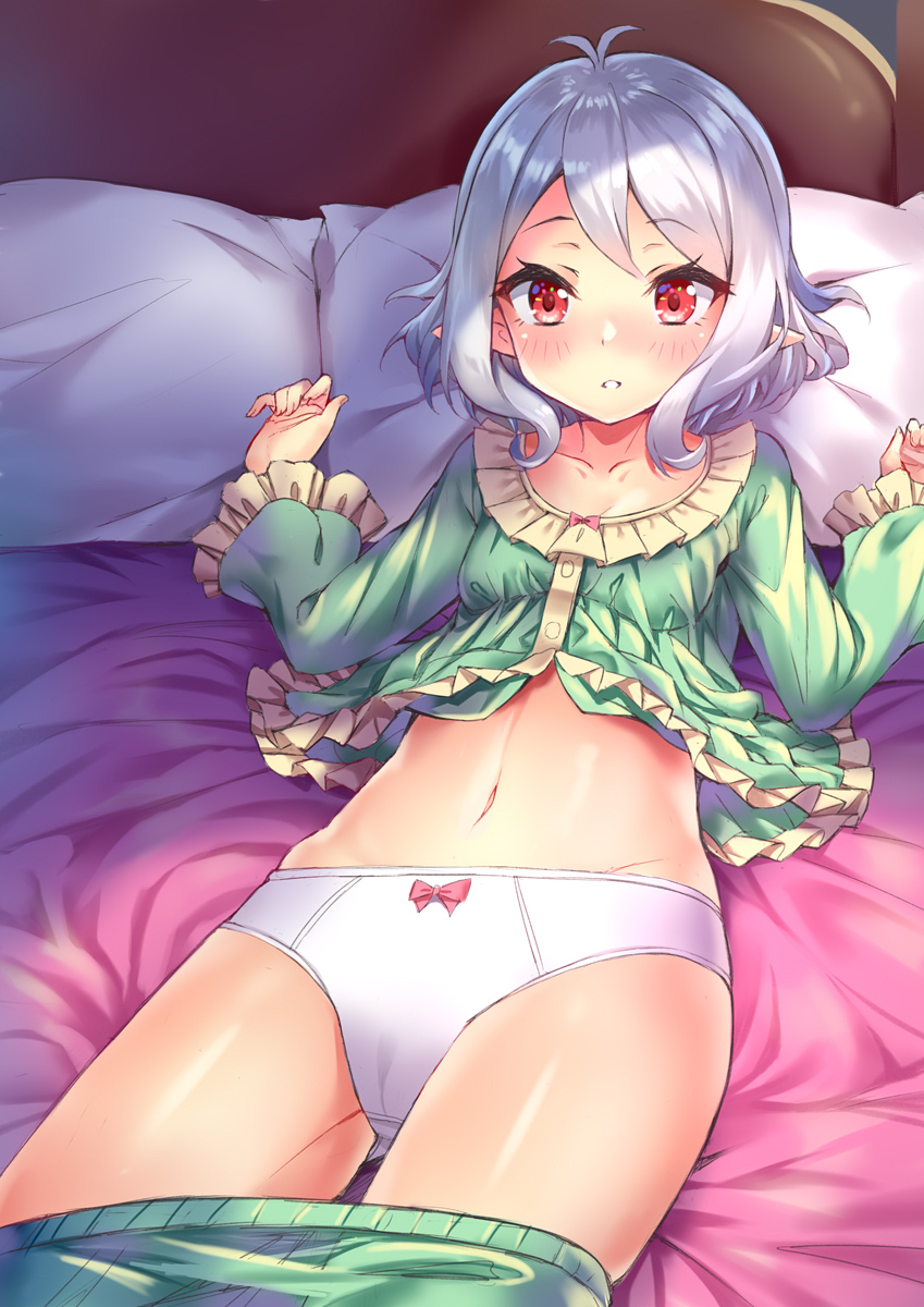 antenna_hair bedroom blush bow bow_panties breasts cameltoe commentary_request eyebrows_visible_through_hair hair_between_eyes highres indoors kokkoro_(princess_connect!) long_sleeves looking_at_viewer lying navel on_back on_bed panties pants pants_removed parted_lips pillow pointy_ears princess_connect! princess_connect!_re:dive red_eyes see-through shitou_(1992116210) short_hair silver_hair sleepwear small_breasts solo underwear white_panties