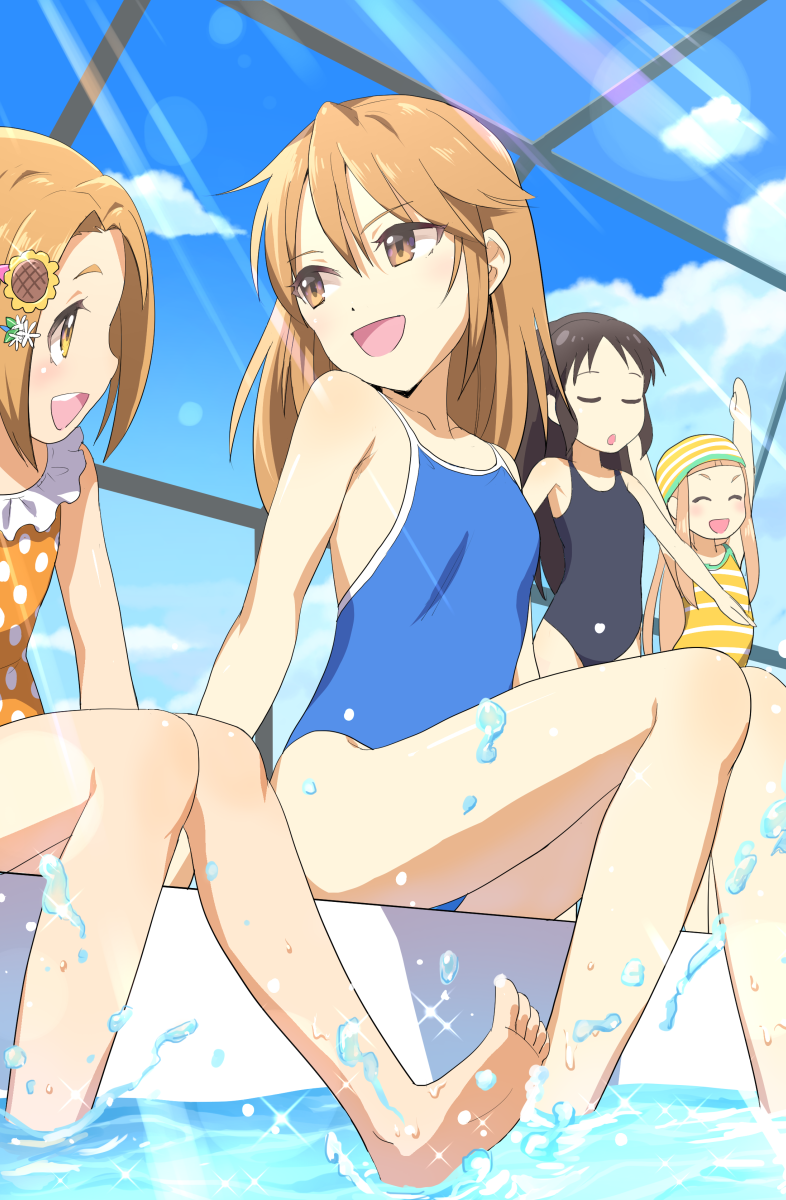:d ^_^ arms_up bad_id bad_pixiv_id bare_legs bare_shoulders barefoot black_swimsuit blue_sky blue_swimsuit blush breasts brown_eyes brown_hair casual_one-piece_swimsuit closed_eyes cloud cloudy_sky collarbone commentary_request competition_school_swimsuit day eye_contact hair_ornament hairpin highres ichihara_nina idolmaster idolmaster_cinderella_girls indoors light_brown_hair long_hair looking_at_another looking_away looking_to_the_side mashou_boy multiple_girls one-piece_swimsuit open_mouth orange_swimsuit parted_lips polka_dot polka_dot_swimsuit round_teeth ryuuzaki_kaoru sitting sky small_breasts smile soaking_feet soles splashing standing striped striped_swimsuit swim_cap swimsuit tachibana_arisu teeth upper_teeth very_long_hair water water_drop window yuuki_haru