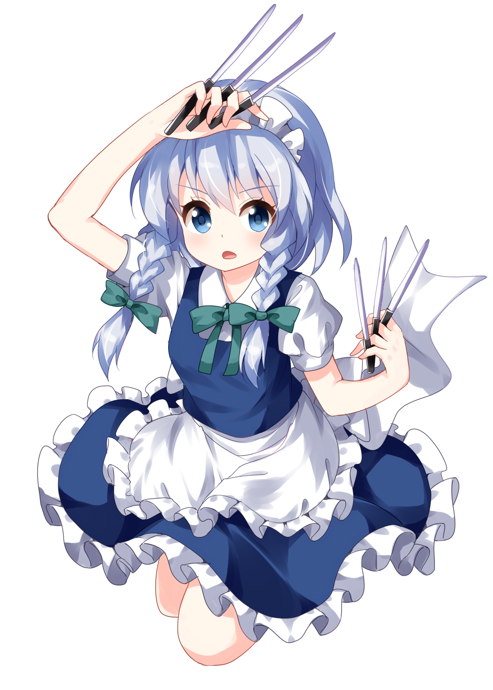 apron arm_up bangs blue_dress blue_eyes blush bow braid breasts commentary_request dress eyebrows_visible_through_hair frilled_apron frills green_bow hair_between_eyes hair_bow hand_up highres holding holding_knife holding_weapon izayoi_sakuya jumping knife knives_between_fingers looking_at_viewer maid maid_apron maid_headdress medium_breasts open_mouth petticoat puffy_short_sleeves puffy_sleeves ruu_(tksymkw) short_hair short_sleeves silver_hair simple_background solo touhou twin_braids waist_apron weapon white_apron white_background