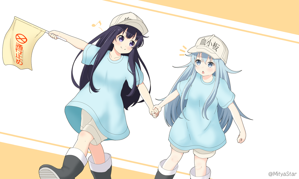 akatsuki_(kantai_collection) alternate_costume black_footwear blue_eyes blue_hair blue_shirt boots cosplay crossover dutch_angle flag flat_cap hat hataraku_saibou hibiki_(kantai_collection) holding holding_flag holding_hands kantai_collection long_hair looking_at_another miicha multiple_girls pants platelet_(hataraku_saibou) platelet_(hataraku_saibou)_(cosplay) purple_eyes purple_hair shirt short_sleeves smile white_hat white_pants