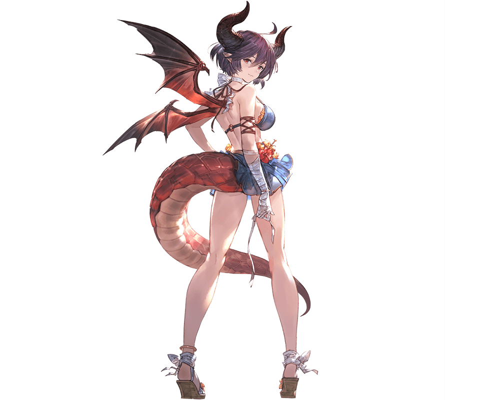 ahoge alpha_transparency ass bandaged_arm bandages bare_shoulders bikini bikini_skirt blue_bikini blush breasts dragon_girl dragon_horns dragon_tail dragon_wings full_body granblue_fantasy grea_(shingeki_no_bahamut) hair_between_eyes horns large_breasts looking_at_viewer looking_back minaba_hideo official_art pointy_ears purple_hair red_eyes sandals shingeki_no_bahamut short_hair smile solo standing standing_on_one_leg swimsuit tail transparent_background wings