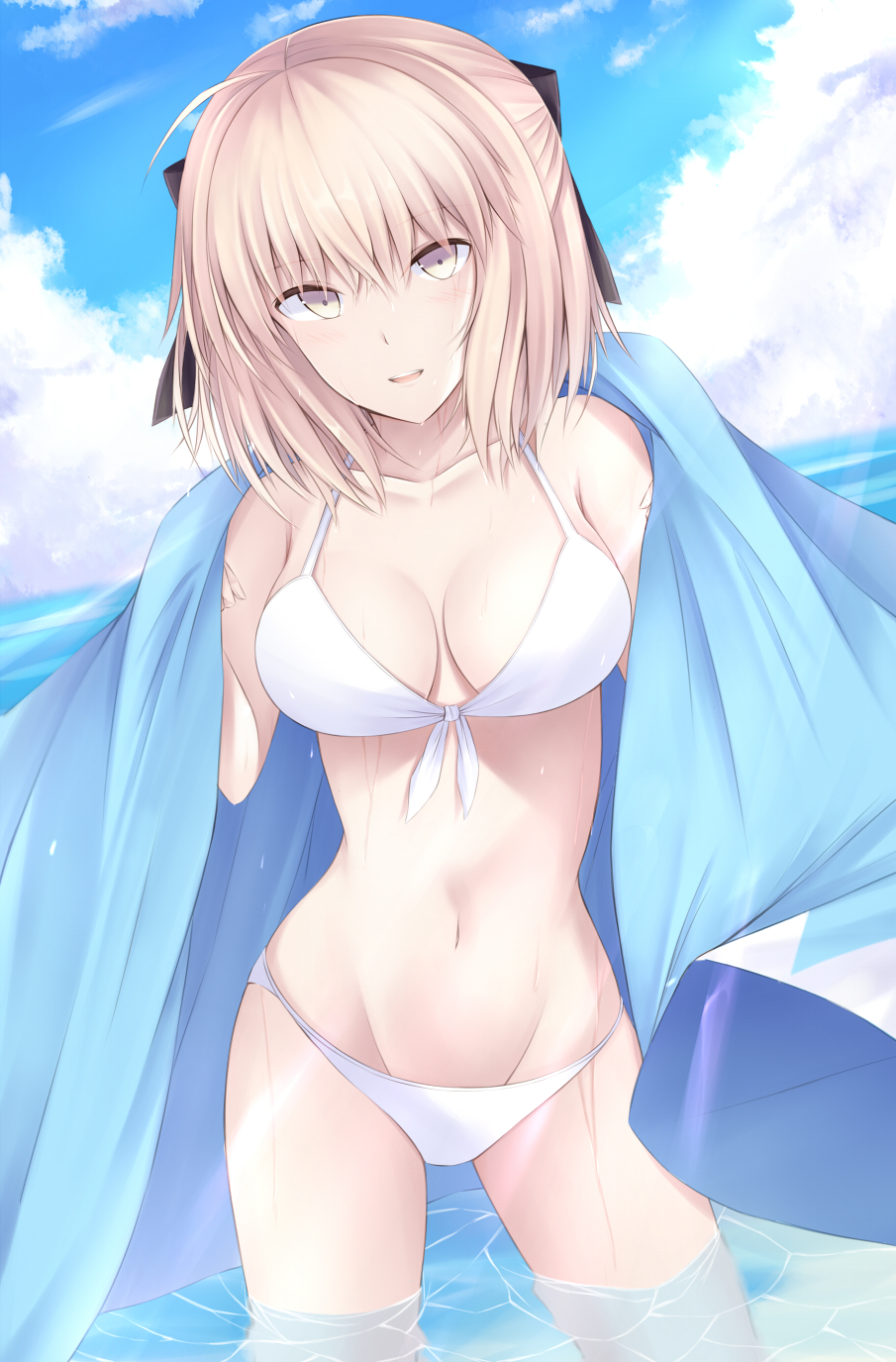 bikini black_bow blonde_hair blue_sky bow breasts cleavage cloud collarbone cowboy_shot day eyebrows_visible_through_hair fate/grand_order fate_(series) front-tie_bikini front-tie_top hair_between_eyes hair_bow haori head_tilt highres japanese_clothes kanpyou_(hghgkenfany) looking_at_viewer medium_breasts navel okita_souji_(fate) okita_souji_(fate)_(all) open_mouth outdoors sky solo standing swimsuit wading wet white_bikini yellow_eyes