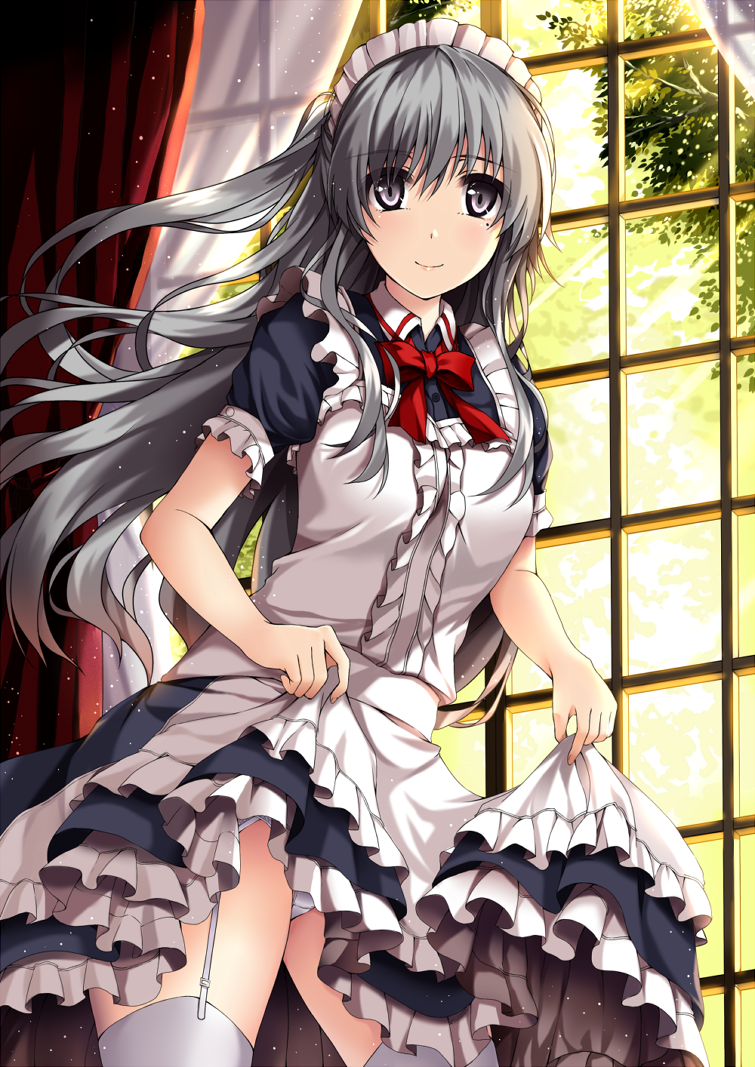 apron backlighting bad_id bad_pixiv_id black_shirt black_skirt bow bowtie cowboy_shot day eyebrows_visible_through_hair floating_hair frilled_apron frilled_shirt frills garter_straps grey_eyes grey_legwear grey_panties hair_between_eyes indoors layered_skirt long_hair looking_at_viewer maid maid_headdress morizono_shiki original panties red_bow shirt silver_hair skirt skirt_hold smile solo standing thighhighs underwear very_long_hair white_apron window