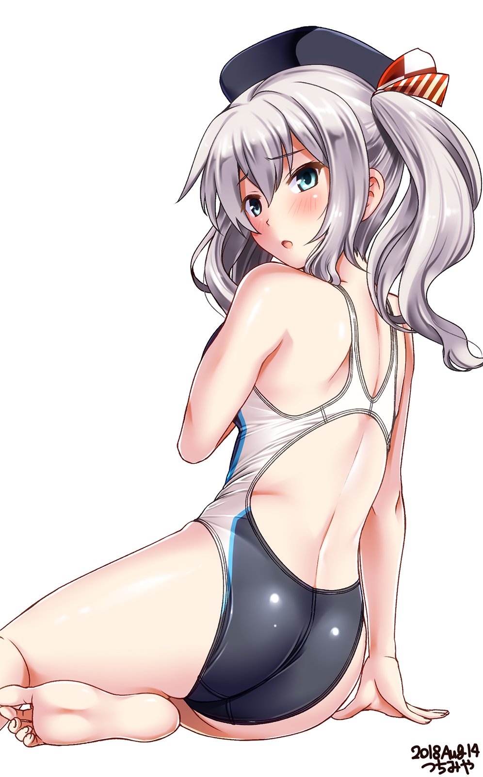alternate_costume artist_name ass back barefoot beret blue_eyes blush breasts competition_swimsuit covering covering_breasts dated eyebrows_visible_through_hair hat highres kantai_collection kashima_(kantai_collection) long_hair looking_at_viewer looking_back medium_breasts one-piece_swimsuit open_mouth silver_hair simple_background sitting solo swimsuit tsuchimiya twintails wavy_hair