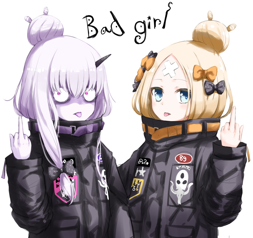 abigail_williams_(fate/grand_order) abigail_williams_(fate/grand_order)_(cosplay) alternate_hairstyle bags_under_eyes bangs black_bow black_jacket blonde_hair blue_eyes blush bow closed_mouth cosplay crossed_bandaids english fate/grand_order fate_(series) hair_between_eyes hair_bow hair_bun hand_up heroic_spirit_traveling_outfit horn jacket lavinia_whateley_(fate/grand_order) long_hair long_sleeves middle_finger multiple_girls object_hug orange_bow parted_bangs polka_dot polka_dot_bow purple_eyes sanpaku silver_hair simple_background sleeves_past_wrists stuffed_animal stuffed_toy teddy_bear tongue tongue_out umineco white_background wide-eyed