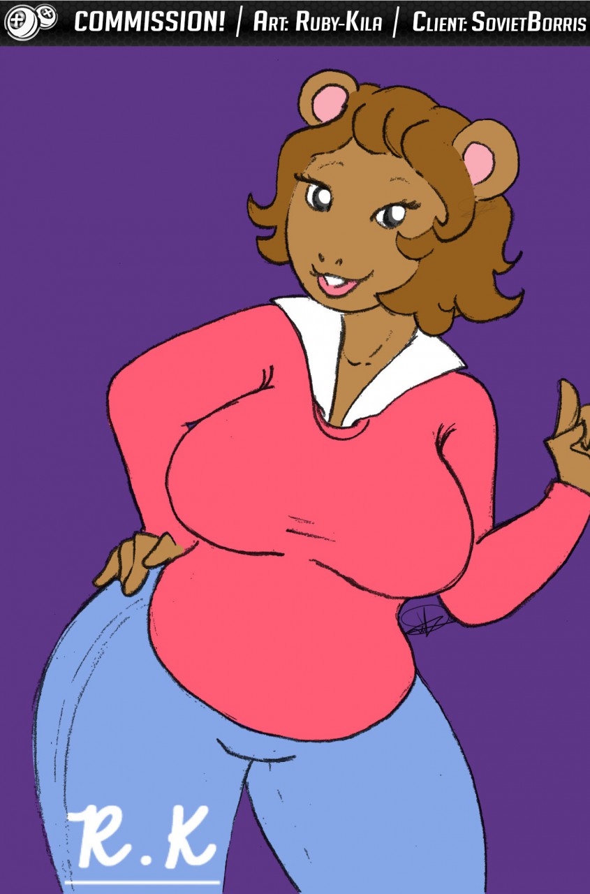 2018 anthro arthur arthur_(series) bear big_breasts breasts brown_fur butt clothed clothing digital_media_(artwork) female fur green_eyes hair hi_res huge_breasts jane_read lips looking_at_viewer mammal mother parent ruby-kila simple_background smile solo standing text thick_thighs thick_thights voluptuous wide_hips