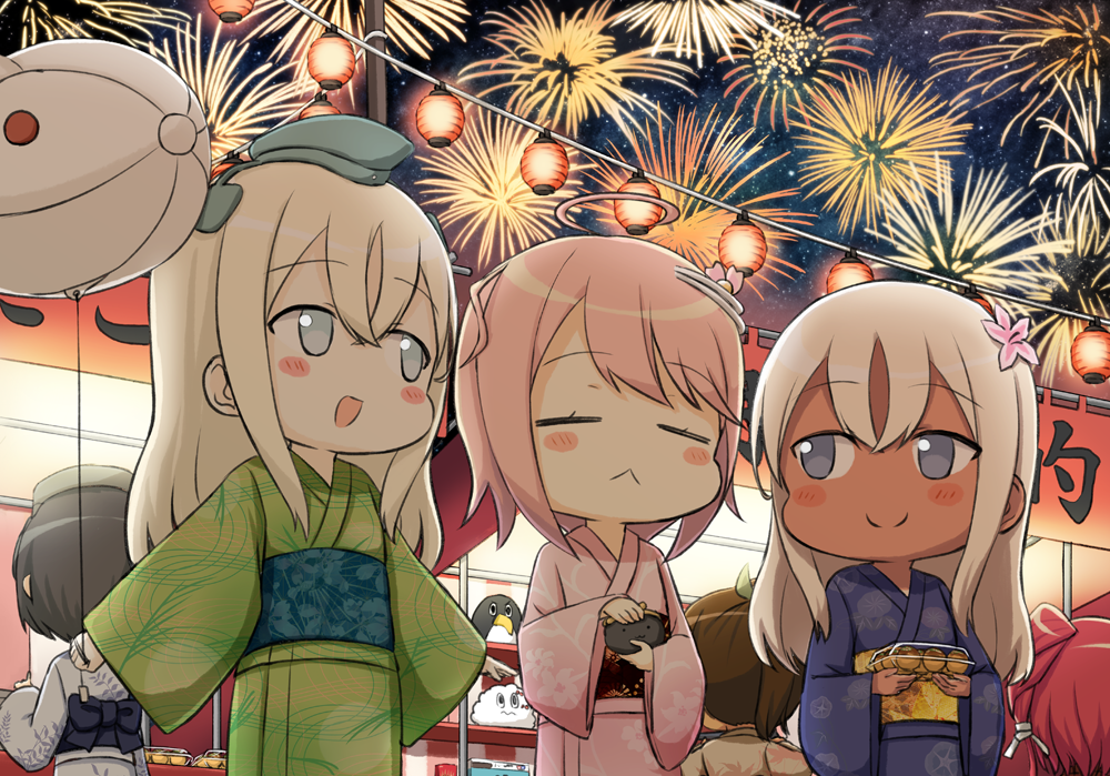 :&lt; :d aerial_fireworks alternate_costume back_bow bad_id bad_pixiv_id balloon bangs blonde_hair blue_bow blue_eyes blue_kimono blush_stickers bow brown_hair closed_eyes closed_mouth coin_purse commentary_request diving_mask_on_head dual_persona engiyoshi eyebrows_visible_through_hair facing_viewer failure_penguin fireworks floral_print flower food garrison_cap green_kimono grey_eyes grey_hat hair_between_eyes hair_flower hair_ornament hat holding holding_balloon i-168_(kantai_collection) i-401_(kantai_collection) i-58_(kantai_collection) japanese_clothes kantai_collection kimono lantern long_hair long_sleeves looking_at_another maru-yu_(kantai_collection) miss_cloud multiple_girls night night_sky obi open_mouth outdoors paper_lantern pink_flower pink_hair pink_kimono print_kimono red_hair ro-500_(kantai_collection) sash sky smile stall star_(sky) starry_sky time_paradox u-511_(kantai_collection) white_kimono wide_sleeves