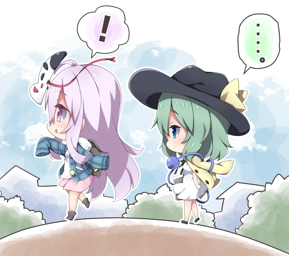 ... 2girls ahoge backpack bag bangs black_footwear black_hat blue_eyes blue_jacket blue_sky chibi cloud commentary day dress eyebrows_visible_through_hair green_hair hair_between_eyes hat hata_no_kokoro jacket jacket_on_shoulders komeiji_koishi long_hair long_sleeves mask mask_on_head milkpanda multiple_girls open_clothes open_jacket outdoors pink_hair pink_skirt plaid_jacket profile purple_eyes shirt shoes skirt sky sleeves_past_fingers sleeves_past_wrists spoken_ellipsis spoken_exclamation_mark third_eye touhou very_long_hair walking white_dress white_shirt yellow_jacket