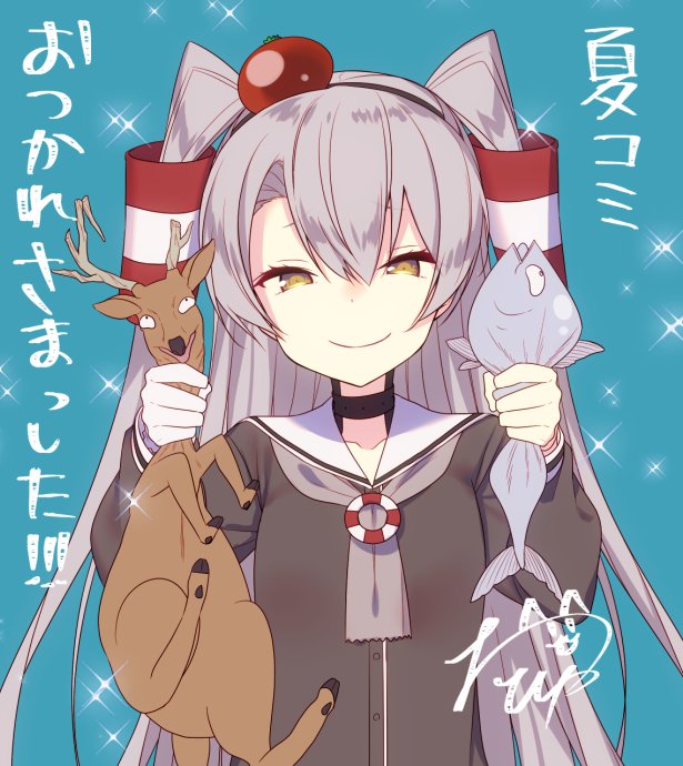 amatsukaze_(kantai_collection) antlers blue_background brown_dress brown_eyes choker dress fish hair_tubes hat kantai_collection lifebuoy long_hair looking_at_viewer mini_hat reindeer sailor_dress signature silver_hair simple_background smile sparkle strangling tahya tilted_headwear translation_request two_side_up upper_body windsock