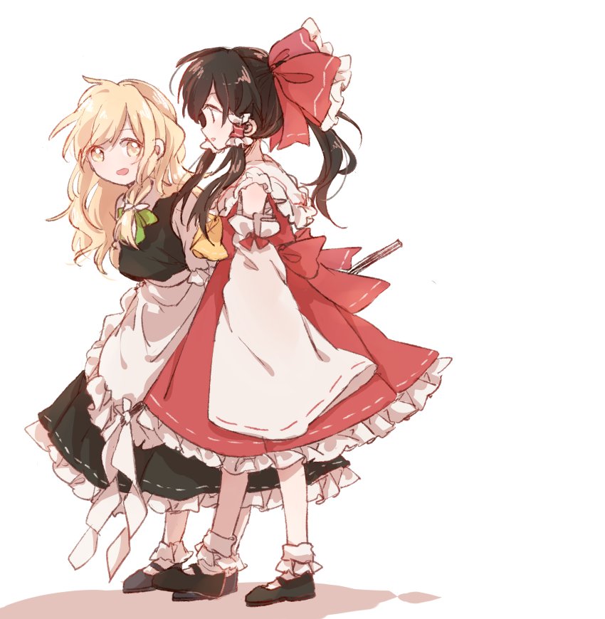 apron bad_id bad_twitter_id bangs black_dress black_footwear black_hair blonde_hair blush bow braid brown_eyes brown_hair buttons detached_sleeves dress frilled_dress frills full_body hair_between_eyes hair_bow hair_tubes hakurei_reimu hat juliet_sleeves kirisame_marisa kosencha large_bow long_hair long_sleeves mary_janes multiple_girls puffy_sleeves shoes short_sleeves side_braid simple_background single_braid skirt skirt_set smile socks standing touhou vest waist_apron walking white_background white_legwear yellow_eyes