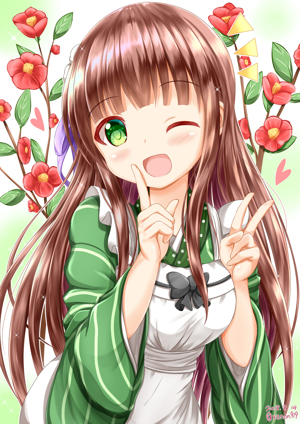 ;d apron bangs black_bow blush bow breasts brown_hair commentary_request dated eyebrows_visible_through_hair flower gochuumon_wa_usagi_desu_ka? green_eyes green_kimono hands_up head_tilt highres index_finger_raised japanese_clothes kimono long_hair long_sleeves maid_apron medium_breasts one_eye_closed open_mouth polka_dot red_flower smile solo striped twitter_username ujimatsu_chiya v very_long_hair white_apron wide_sleeves zenon_(for_achieve)