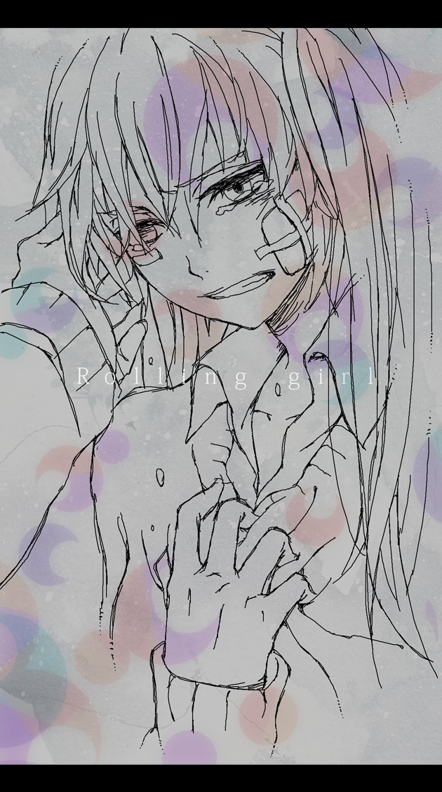 bandage_on_face bandages border copyright_name crying crying_with_eyes_open eyebrows_visible_through_hair grey_background greyscale hair_over_one_eye hand_on_own_chest hands hatsune_miku long_hair looking_down mohi_(neku_re) monochrome out_of_frame pov pov_hands rolling_girl_(vocaloid) sad simple_background solo_focus tears vocaloid