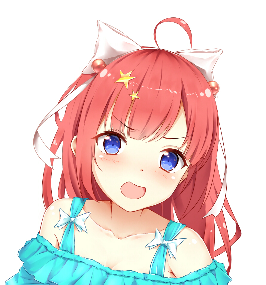 :d ahoge animal_ears bare_shoulders blue_eyes blue_shirt blush bow collarbone commentary_request dutch_angle hair_bow hair_ornament han_(hehuihuihui) head_tilt long_hair off-shoulder_shirt open_mouth original red_hair shirt simple_background smile solo star star_hair_ornament v-shaped_eyebrows white_background white_bow wolf_ears