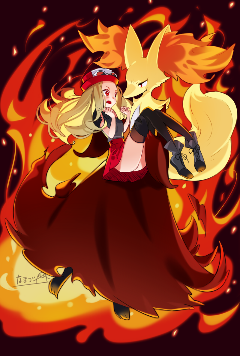 animal_ears artist_name bare_shoulders black_legwear black_shirt blonde_hair blush carrying commentary_request delphox eye_contact eyewear_on_headwear fire fox_ears fox_tail full_body furry gen_6_pokemon grey_footwear half-closed_eyes hands_up hat long_hair looking_at_another namazu_(dc_27546) open_mouth pigeon-toed pleated_skirt poke_ball_symbol pokemon pokemon_(creature) pokemon_(game) pokemon_xy princess_carry red_background red_eyes red_hat red_skirt serena_(pokemon) shirt shoes signature skindentation skirt sleeveless sleeveless_shirt smile standing sunglasses tail thighhighs white-framed_eyewear