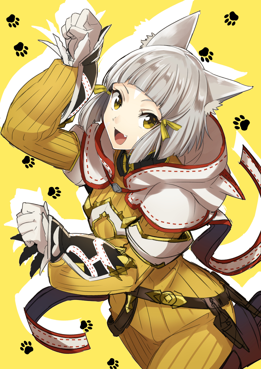 :d animal_ear_fluff animal_ears animal_hood armlet arms_up bangs blunt_bangs blush bodysuit capelet cat_ears cat_hood cowboy_shot dagger fang gloves hair_ribbon highres hood hood_down leaning_forward looking_at_viewer niyah open_mouth paw_background paw_pose ribbon shimo_(s_kaminaka) short_hair silver_hair smile solo tress_ribbon weapon white_capelet white_gloves wrist_guards xenoblade_(series) xenoblade_2 yellow_background yellow_bodysuit yellow_eyes yellow_ribbon
